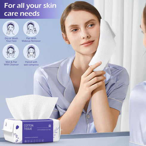 Disposable Face Towel 100 Count, Face Clean Towels, Soft Cotton Dry Wipes Facial Cloths Towelettes for Washing and Drying, Facial Tissue for Clean...
