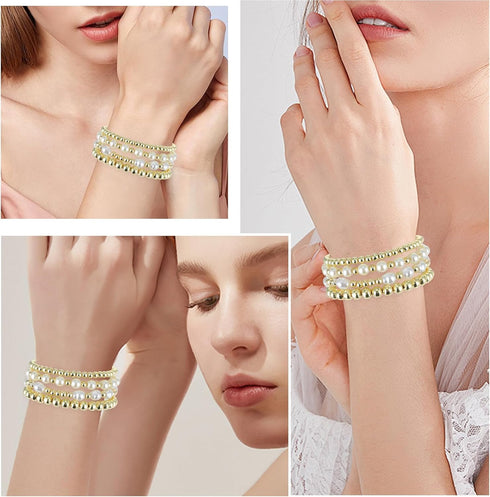 4 Pcs Pearl Gold Bracelet Stack Gold Plated Dainty Gold Pearl Bracelet Stackable Stretch Bead Ball Bracelet Set Bohemian Gold Beaded Bracelets Jew...