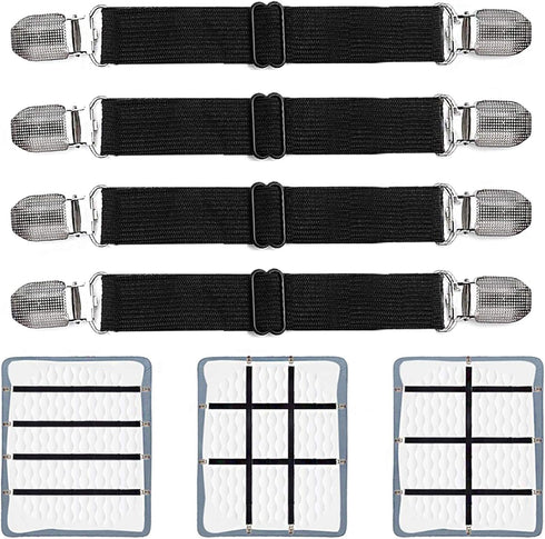 Adjustable Bed Sheet Clips, Sheet Fasteners Holder Straps and Suspender, Gripper, Extend From 21" to 80" Long Style Elastic Fasteners Bands Heavy ...