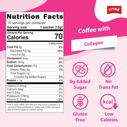 FITNE Instant 3 In 1 Coffee Packets Mix With Natural Hydrolyzed Collagen Vitamin C Smooth Blend Tasty Aromatic No Sugar Sucralose Sweetener, 10 St...