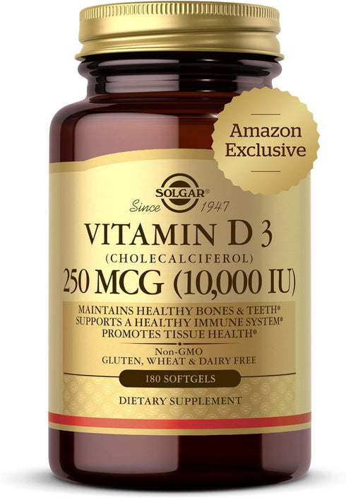 Solgar Vitamin D3 Cholecalciferol 250 MCG 10000 IU Softgels Helps Maintain Healthy Bones Teeth Immune System Support Non GMO Gluten, Dairy Free Se...