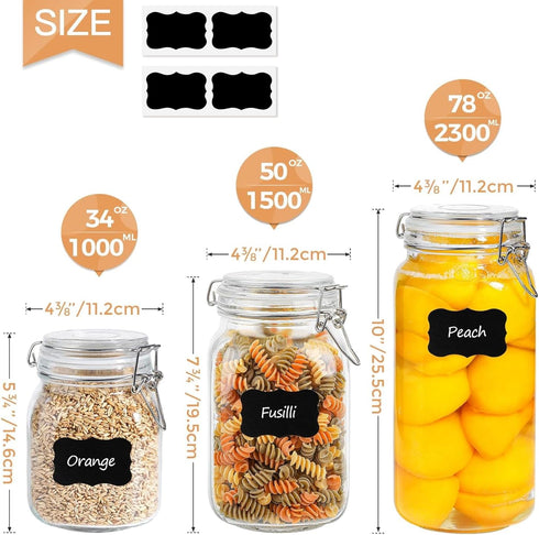 ComSaf Airtight Glass Canister Set of 3 with Lids 34oz Food Storage Jar Square - Storage Container with Clear Preserving Seal Wire Clip Fastening ...