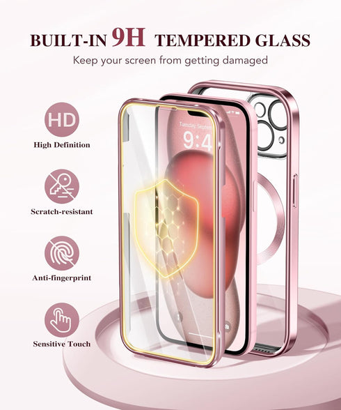 BERFY Magnetic for iPhone 15 Case Compatible with Magsafe, Full Body Rugged Case Built-in 9H Tempered Glass Screen Protector & Full Camera Protect...