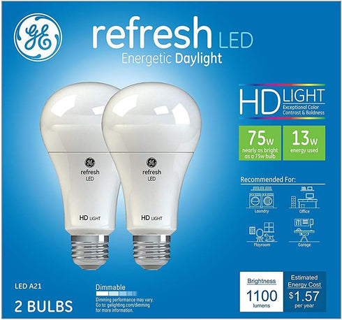 GE Refresh LED Light Bulbs, 75 Watt, Daylight, A19 (2 Pack)...