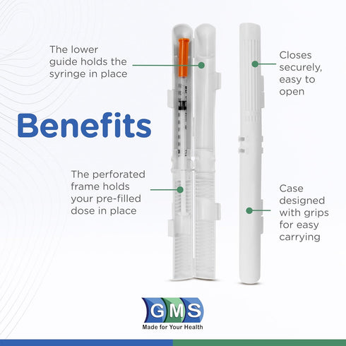 GMS 60 Unit Syringe Case - Holds New, Prefilled & Used Syringes with Needles - Small & Discreet - Ideal for Travel - Sharps Container - 2 Pack - B...