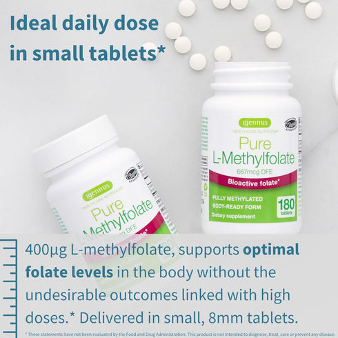 Pure Folate 400mcg, Optimized Methylfolate, Clean Label, 180 Small Tablets, Lab Verified, Vegan & Hypoallergenic, Supplement for Men & Women, Preg...