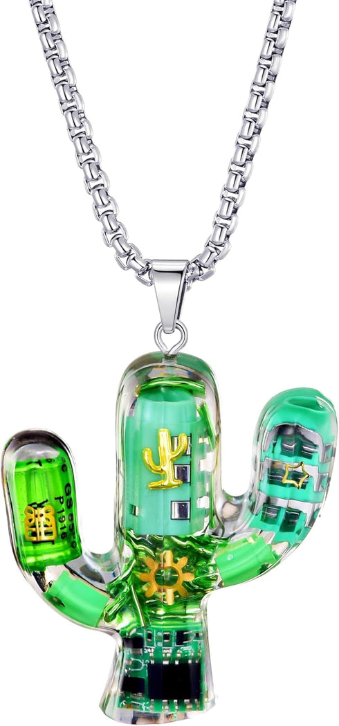 Cyberpunk Cactus pendant Necklace Steampunk Hip hop Pendant Mechanical Pendant Accessories Cool Pendant Necklace for Men and Women, Green...