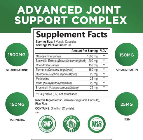 Glucosamine Chondroitin MSM Complex - Joint Support Supplement Turmeric & Boswellia, Triple Strength Glucosamine Capsules - Support for Joint Heal...