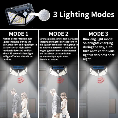 Solar Lights Outdoor 100 LED, 2 Pack Solar Motion Sensor Outdoor Lights with 3 Lighting Modes, Wireless IP65 Waterproof Solar Security Lights for ...
