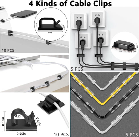 ELII 302PCS Cable Management Kit 4 Cable Sleeve,45Cable Clips,11Cable Holders,20+2Roll Cable Organizer Straps and 200 Fastening Cable Ties,20 Cabl...