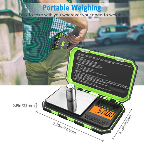 AMIR Mini Digital Weighing Scale, 100g-0.01g Pocket Scale with 50g Calibration Weight, Tare & Auto Off Function, Green (Battery Included)...