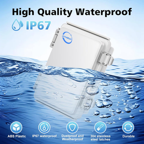 Waterproof Outdoor IP67 Junction Box (5.9"x3.9"x2.8") with Mounting Plate, Hinged Grey Cover and Wall Brackets - Weatherproof ABS Plastic Electric...