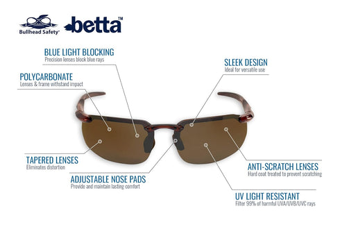 Bullhead Safety Betta Safety Glasses with UV Light Protection, Blue Light Glasses with Anti-Scratch Coating, Ballistic Rated, Brown Flash Mirror L...