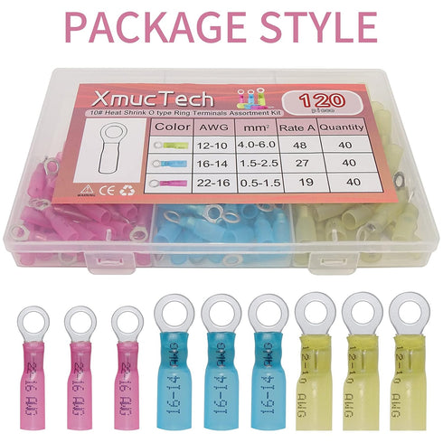 120 Pcs 10#, 22-16 16-14 12-10 AWG Heat Shrink Ring Wire Connector Terminals Kit, Electrical Connectors - - Automotive Marine Ring Connectors...
