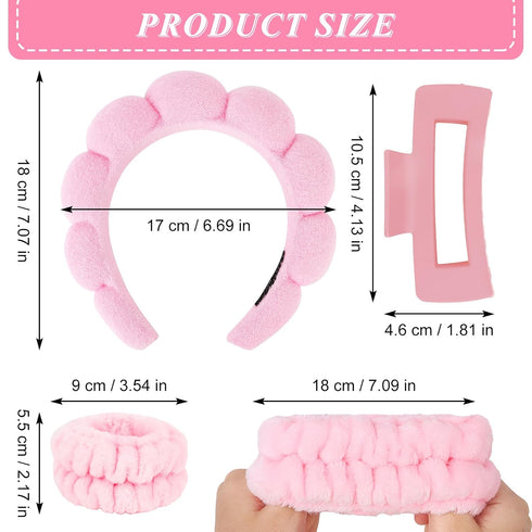 Wecoe Pink Blue Spa Headband And Wristband Set Skincare Headband For Washing Face Hair Claw Clips For Thick Hair Cute Puffy Sponge Bubble Makeup H...