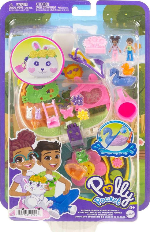 Polly Pocket Flower Garden Bunny Compact Playset with 2 Micro Dolls & 12 Accessories, Including 2 with Color Change...