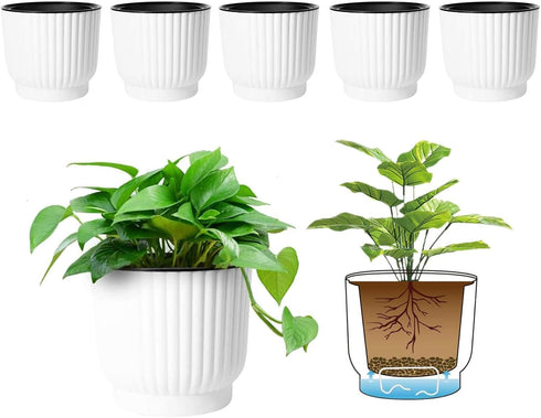 T4U 4 Inch Self Watering Pots for Indoor Plants, 6 Pack White Plastic Flower Pots for All House Plants, Flowers, African Violets...