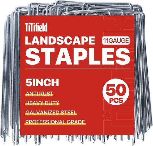 Landscape Staples 5 Inch 50 Pack,Garden Staples Galvanized Ground Stakes Anti-Rust Landscape Fabric Staples Garden Stakes for Irrigation Tubing, F...