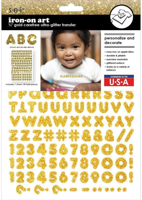 Sei 1/2 Inch Carefree Glitter Letters & Numbers Iron on Transfer, Gold, 1-Sheet...