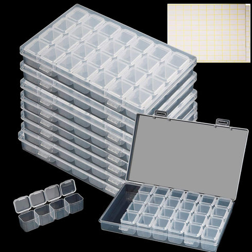 KINJOEK 8 Pack 28 Grids Diamond Paint Storage Boxes, 224 Slots Plastic Bead Organizer Containers with Labels, Movable Dividers Diamond Craft Paint...