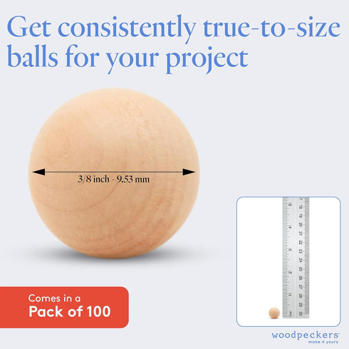 3/8 Inch Small Wood Balls, Pack of 100 Wooden Balls for Crafts and DIY Project, Hardwood Birch Wood Balls, by Woodpeckers...