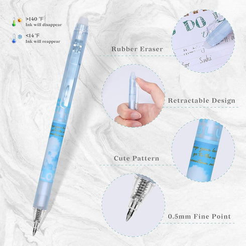 12Pcs Cute Erasable Gel Pens, Make Mistakes Disappear, 0.5mm Fine Point Smooth Writing for Planner Puzzles, Blue and Black Ink No Smudge for Schoo...