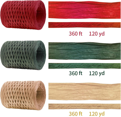 CREATRILL Raffia Ribbon Red Green Natural 3 Rolls 1080 Feet, 360 Feet Each Roll, Paper Twine Wrapping Ribbon for Christmas...