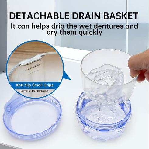 No Leak Partial Denture Case Retainer Bath Box Cup, Denture Soaking Cup False Teeth Holder Box Case with Strainer Basket and Brush - Transparent B...