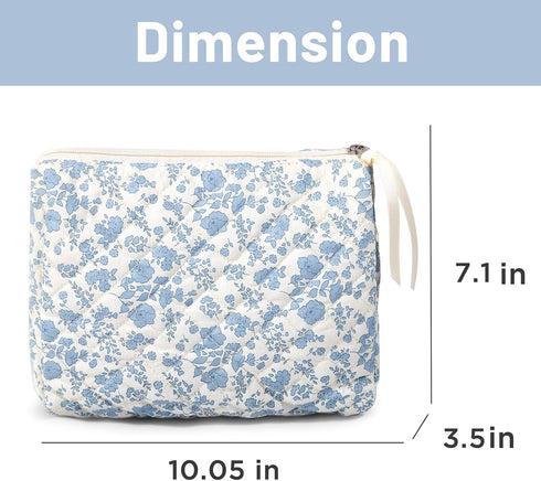 Makeup Bag Large Travel Quilted Cosmetic Makeup Bag Organizer, Floral Cotton Coquette Aesthetic Toiletry Bag for Women Girls (Blue Floral)...