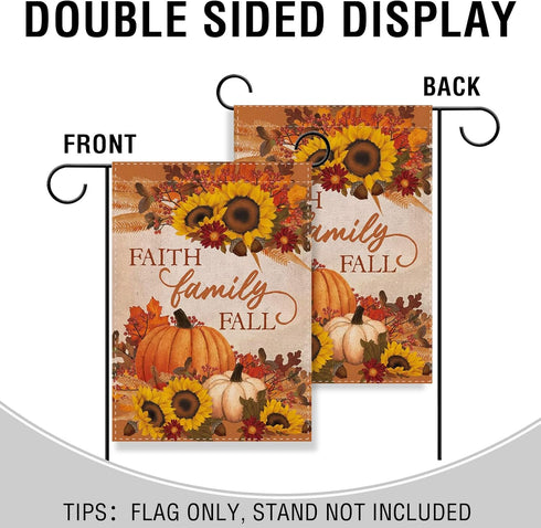 Faith Family Fall Decorative Small Garden Flag Autumn House Yard Outside Pumpkin Sunflower Maple Leaves Farmhouse Burlap Decor, Thanksgiving Relig...