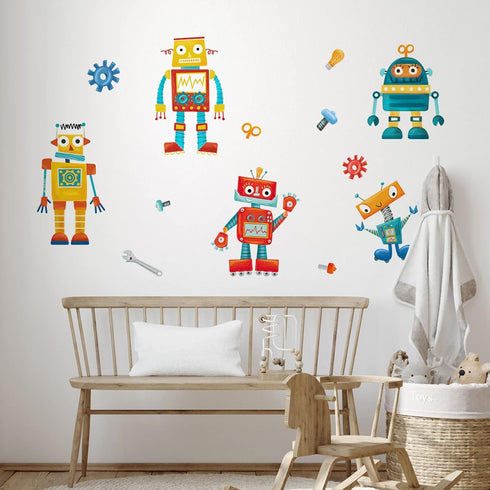 Yovkky Robots Educational Wall Decals Stickers, Bulb Gear Baby Boys Room Nursery Playroom Decor, Clockwork Wrench Toddler Kids Bedroom Home Classr...