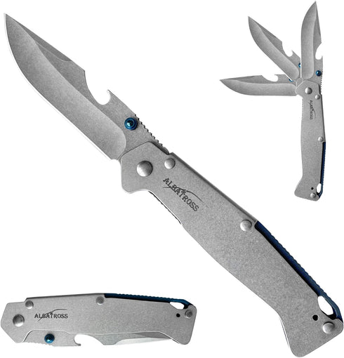 ALBATROSS FK050 Minimalist Ultra Thin Stainless Steel Folding Pocket Knife with Bottle Opener, 4.5" Handle, 3.25" Blade, 7.75" Overall (Silver whi...