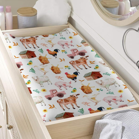 Watercolor Farm Animals Changing Pad Cover Barn Cow Lamb Pig Hen Duck Tractor Baby Diaper Changing Table Sheets for Boys Girls Soft Stretch Fitted...