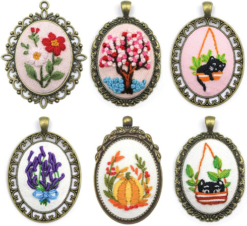 ZuoAnLF 6 Pieces Embroidery Pendant Kit for Beginner,Embroidery Stitching Necklace,Embroidery Kit for Necklace & Earrings & Hand Sewing Jewelry & ...