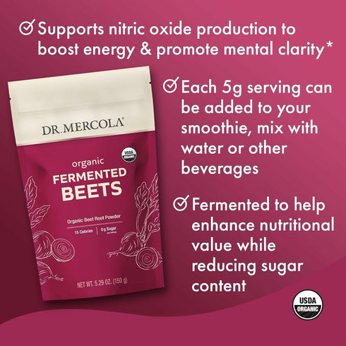 Dr. Mercola Organic Fermented Beet Powder - Beet Root Powder to Support Circulation, Focus & Energy - Non-GMO, Soy-Free & Gluten-Free - 30 Serving...