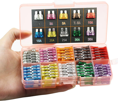 100pcs Assorted Auto Car Truck Standard Blade Fuse Assortment 2A 3A 5A 7.5 A 10A 15A 20A 25A 30A 35A Car Boat Truck SUV Automotive Replacement Fus...