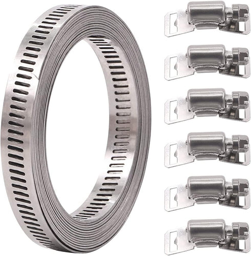 Glarks 7Pcs 10 Feet Long Worm Gear Hose Clamp with Fasteners, 304 Stainless Steel Large Adjustable Pipe Clamps with 6Pcs Fasteners for Ductwork, P...