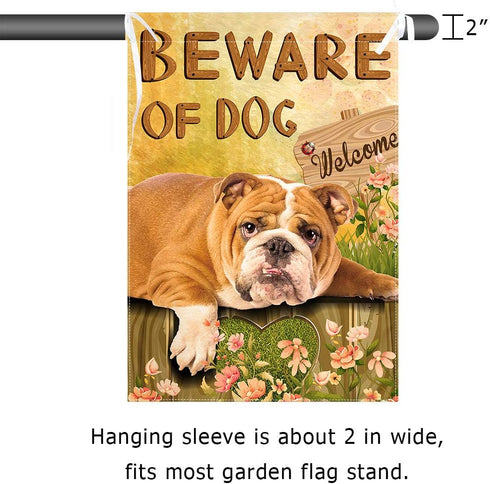 Lazy English Bulldog Garden Flag - Beware of Dog House Flags Double-sided Welcome Home Flag Dogs Yard flags Small Yard Patio Lawn Decor 12 x 18 In...