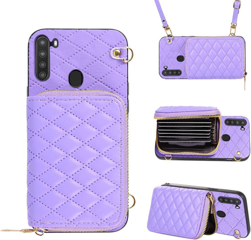 Furiet Compatible with Samsung Galaxy A21 Zipper Wallet Case with Crossbody Shoulder Strap, 8 Card Slots and TPU Leather Stand Full Body Accessori...