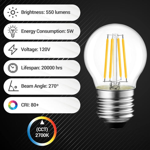 BlueStars G45 E26 Edison LED Filament Globe Bulb 120V 5W (60 Watt Equivalent), 2700K Warm White Light 550lm Non-Dimmable for Home Pendant Antique ...