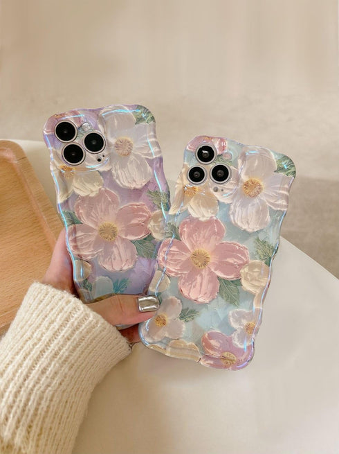 Case for iPhone 14 Pro Max - Vivid Retro Oil Painting, Flower Laser Glossy Pattern, Cute Curly Wave Edge - Exquisite Stylish Durable TPU Protectiv...