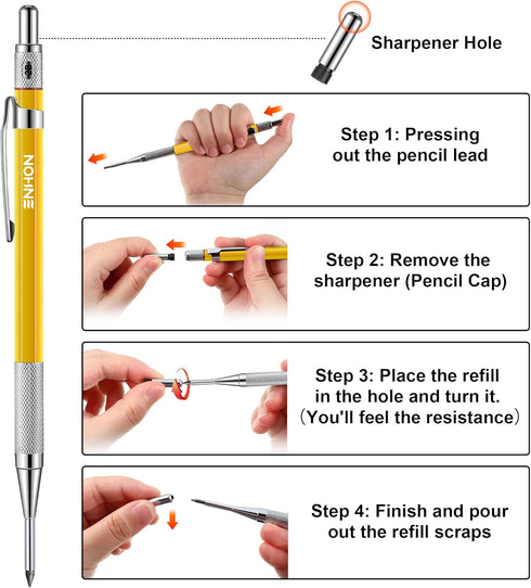 Enhon 2mm Mechanical Carpenter Pencil Set with 12 Marker Refills and Sharpener, Woodworking Marking Tool Solid Deep Hole Construction Pencil, Exte...