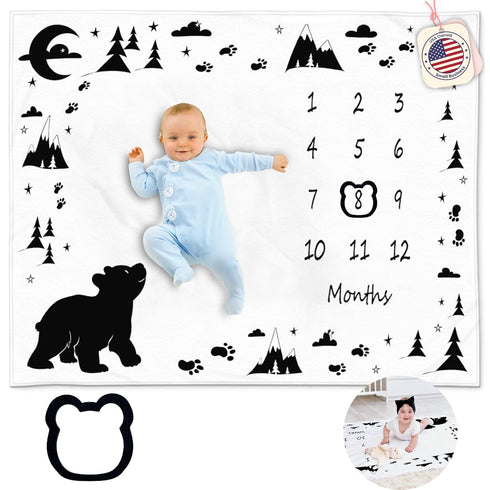 Bear Baby Blanket, Baby Monthly Milestone Blanket for Boys, Includes Felt Frame, Month Blanket Baby Shower Baby Milestone Blanket, 50x40 (Bear)...