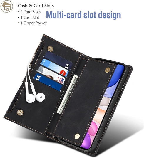 Phone Case for iPhone 11 Pro Max 6.5 Wallet Cover With Tempered Glass Screen Protector and Shoulder Crossbody Wrist Strap Lanyard Flip Zipper Cred...