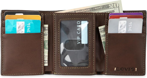 Levi's Men's Trifold Wallet-Sleek and Slim Includes Id Window and Credit Card Holder, Brown Stitch, One Size...
