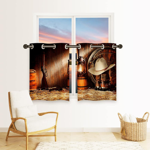 ANHOPE Western Curtains, American West Wooden Barn Rustic Vintage Rodeo Theme Straw Cowboy Hat with Authentic Leather Boots Pattern Grommet Window...
