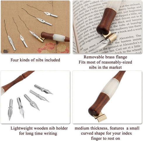 Yoption Wood Dip Pen Set, Calligraphy Oblique Nib Holder With Desktop Pen Holder, Ink Bottle Container and 5 Nibs Kit...