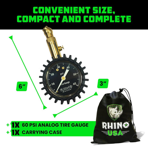 Rhino USA Heavy Duty Tire Pressure Gauge (0-60 PSI) - Certified ANSI B40.1 Accurate, Large 2" Easy Read Glow Dial, 360 Swivel Head, Solid Brass Ha...