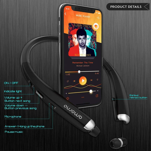 AMORNO Foldable Bluetooth Headphones, Wireless Neckband Sports Headset with Retractable Earbuds, Sweatproof Noise Cancelling Stereo Earphones with...