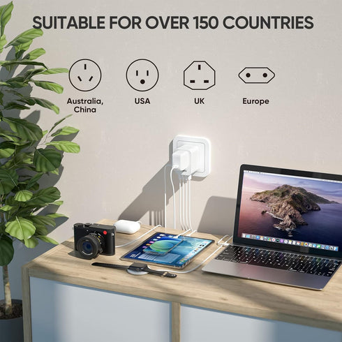 ROMECH Universal Travel Adapter, 5.6A Smart Power International Plug Adaptor AC Wall Charger for Global Travelling USA Europe EU UK AUS (Type C + ...